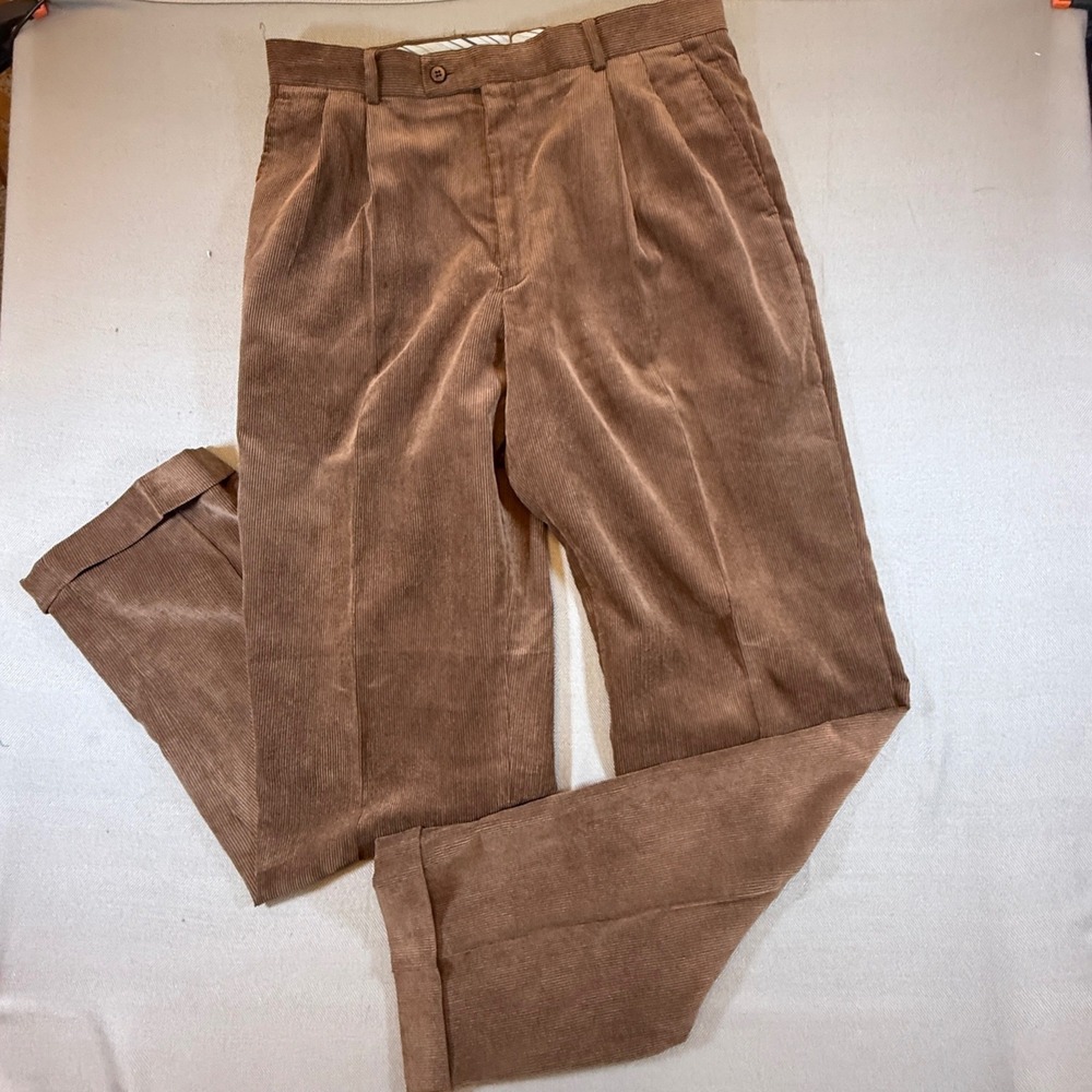 Louis Raphael Luxe Brown Corduroy Pleated Cuffed Mens 34x32 Dress Pants 2324